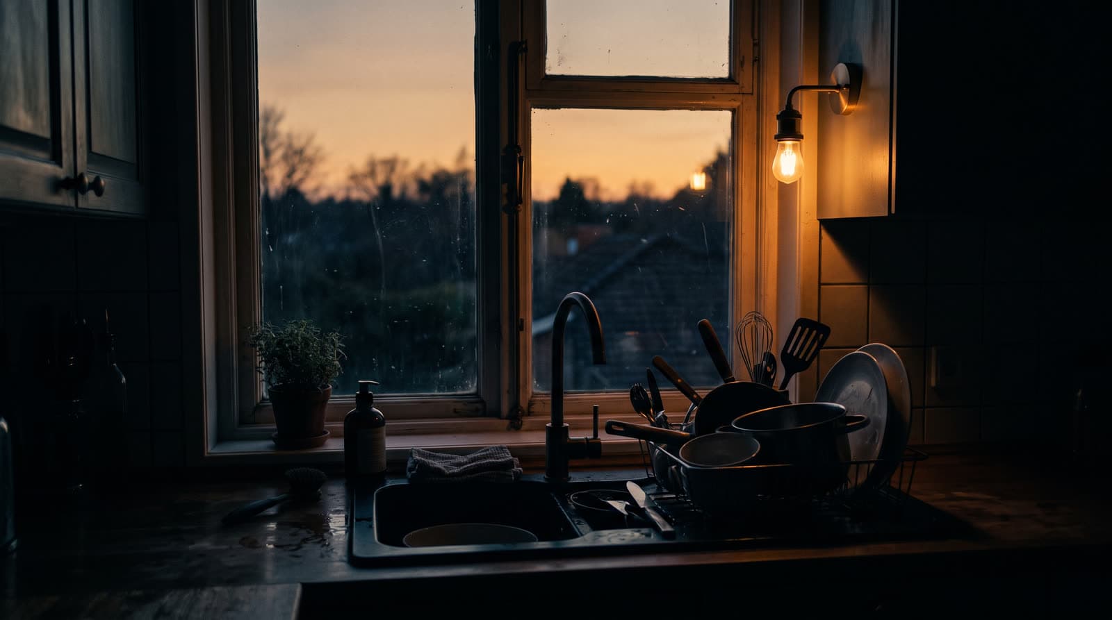 Cozinha escura com luz âmbar