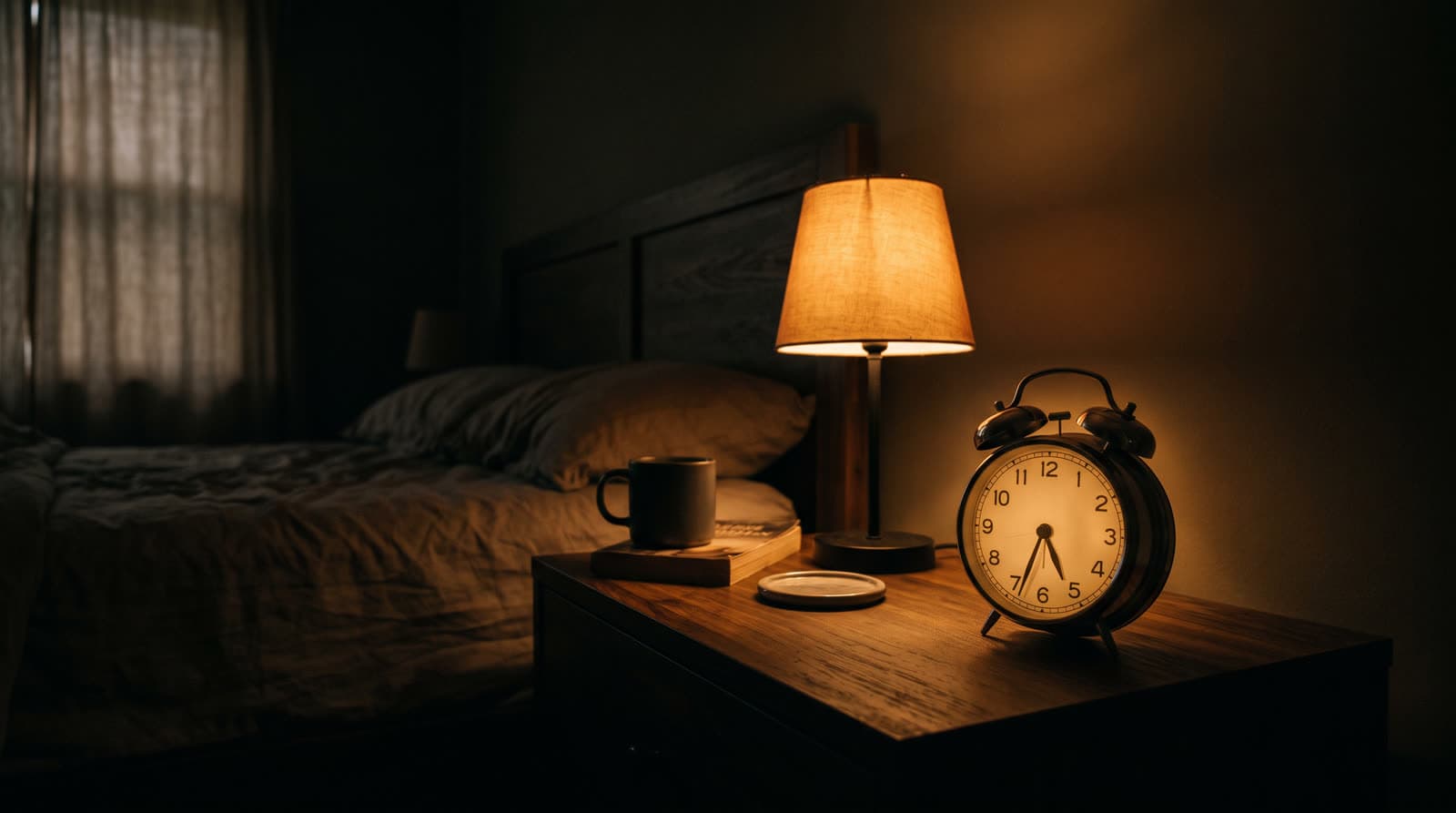 Candeeiro aceso numa sala escura ao amanhecer