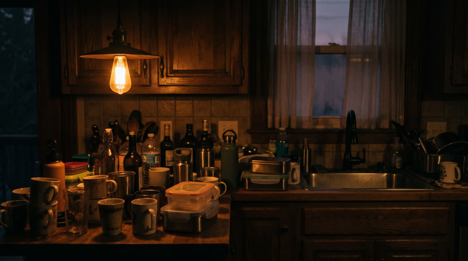 Interior de uma casa em penumbra com luz âmbar quente